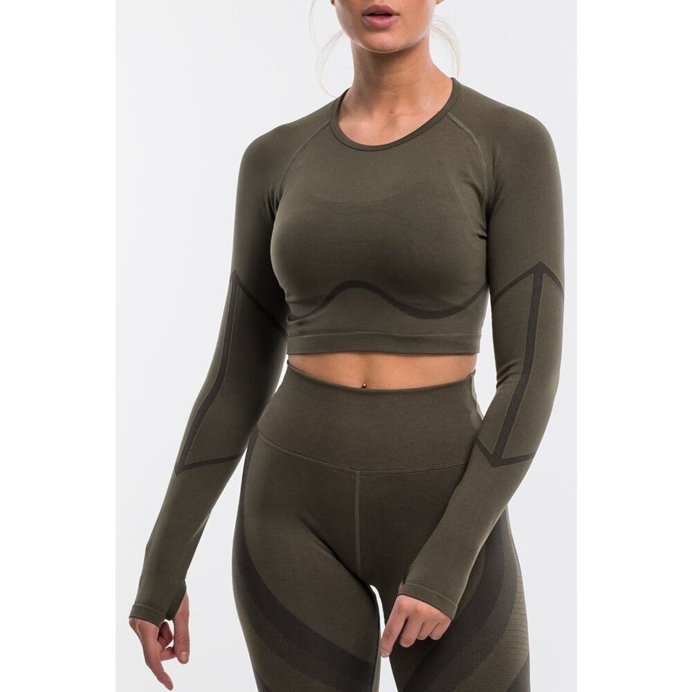 Arise Surge By Echt Womens Long Sleeve Athletic Crop Top Thumb Holes Olive Green
